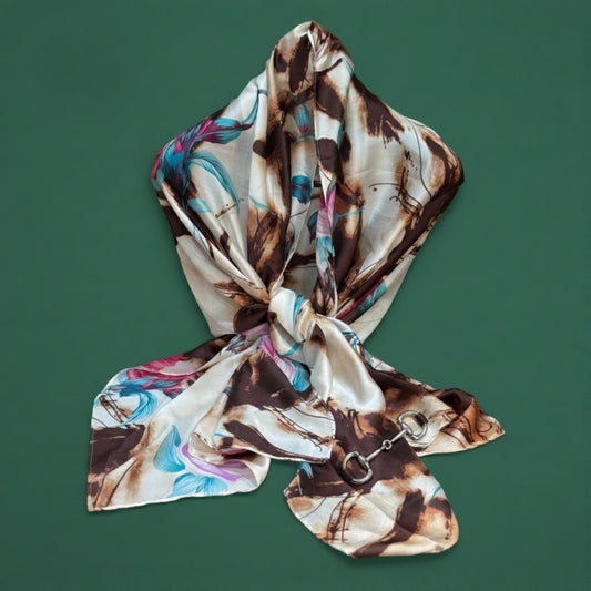 Luxury Satin Silk Scarf - Vintage Brown Floral