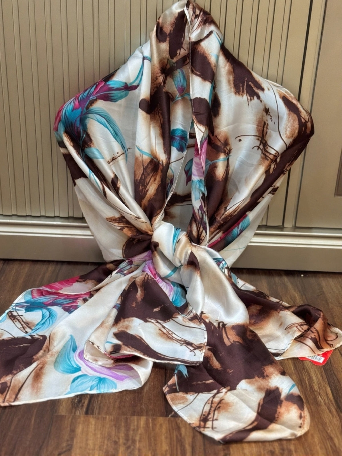Luxury Satin Silk Scarf - Vintage Brown Floral