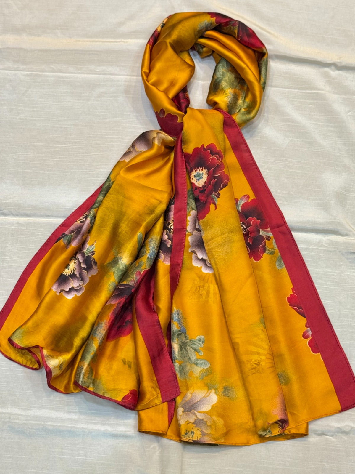 Luxury Satin Silk Scarf - Vintage Floral Yellow