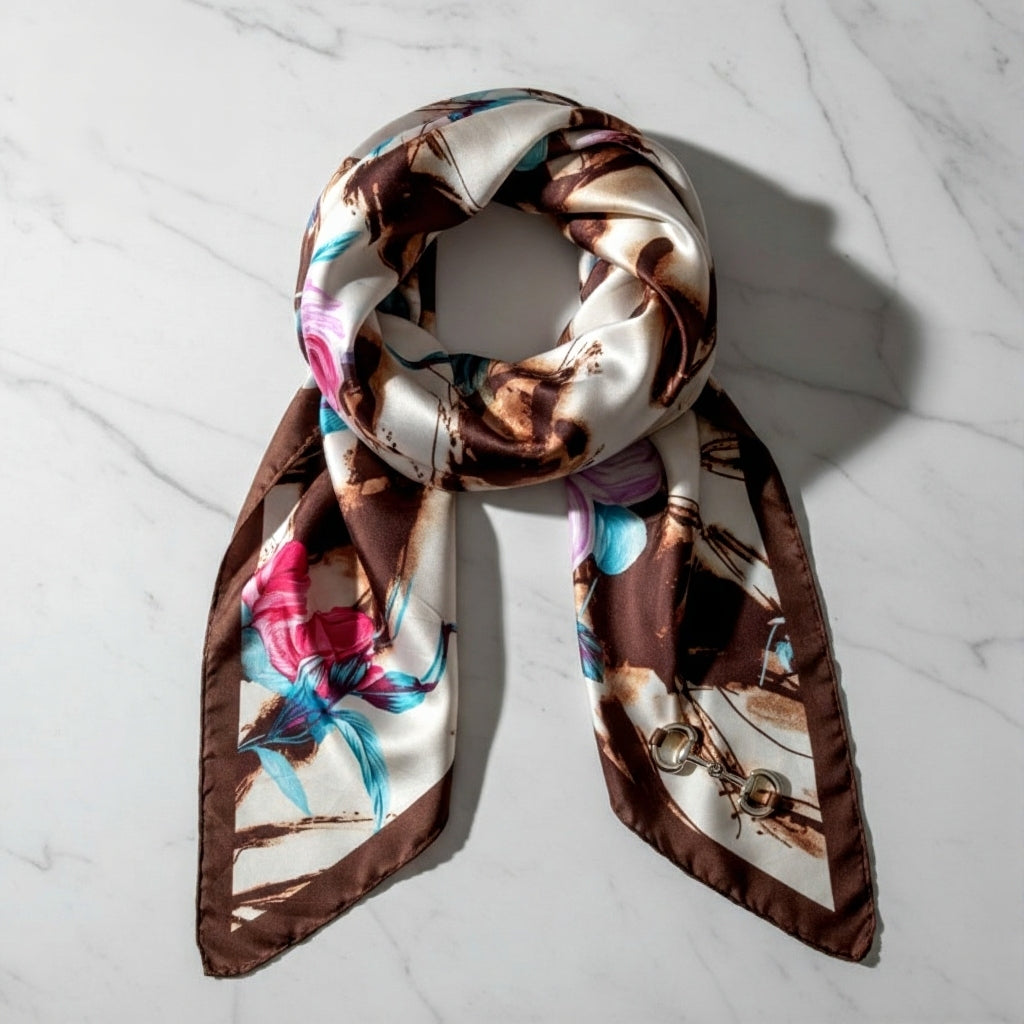 Luxury Satin Silk Scarf - Vintage Brown Floral