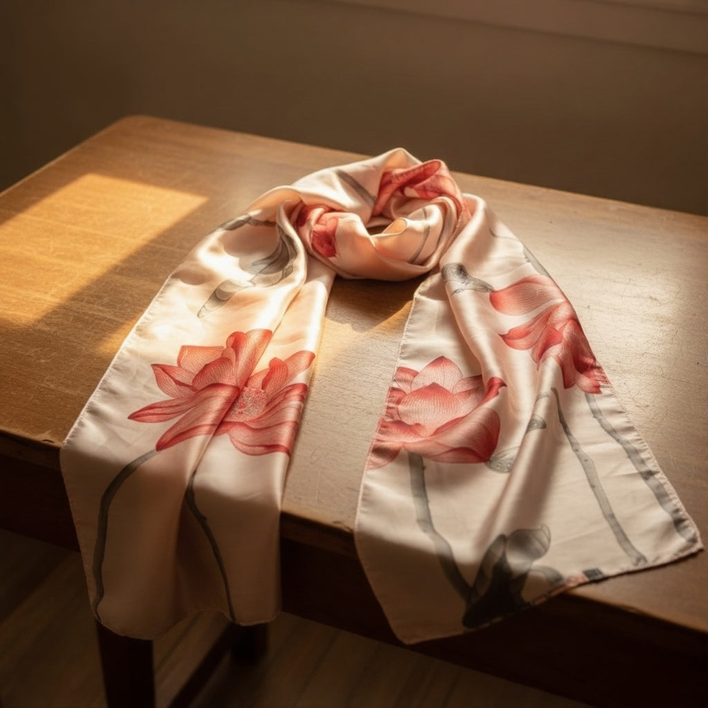 Luxury Satin Silk Scarf - Elegant Blush Floral