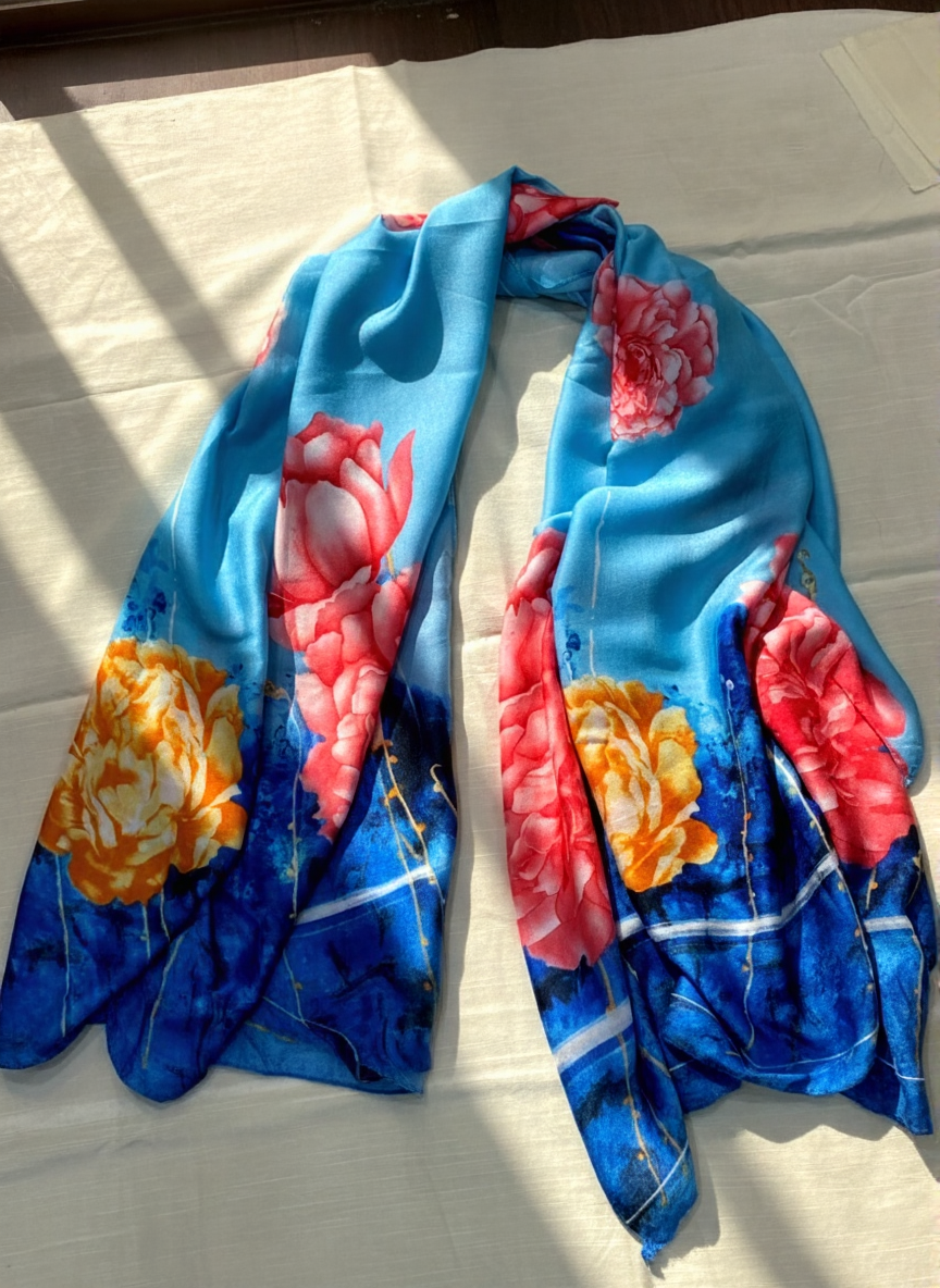Luxury Satin Silk Scarf - Blue Blossom Elegance
