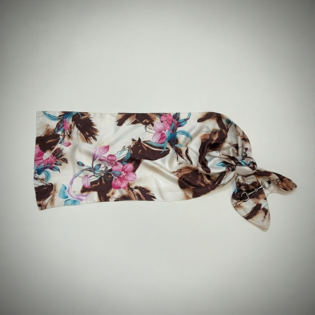 Luxury Satin Silk Scarf - Vintage Brown Floral