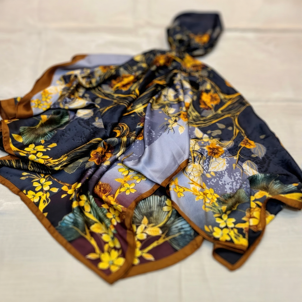 Luxury Satin Silk Hijab - Yellow Floral