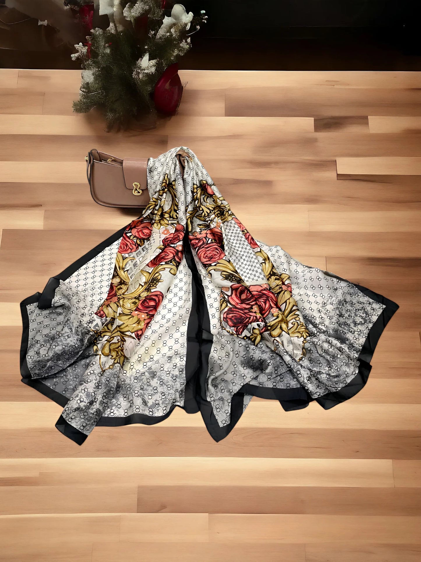 Luxury Printed Satin Silk Scarf – Black & White Floral