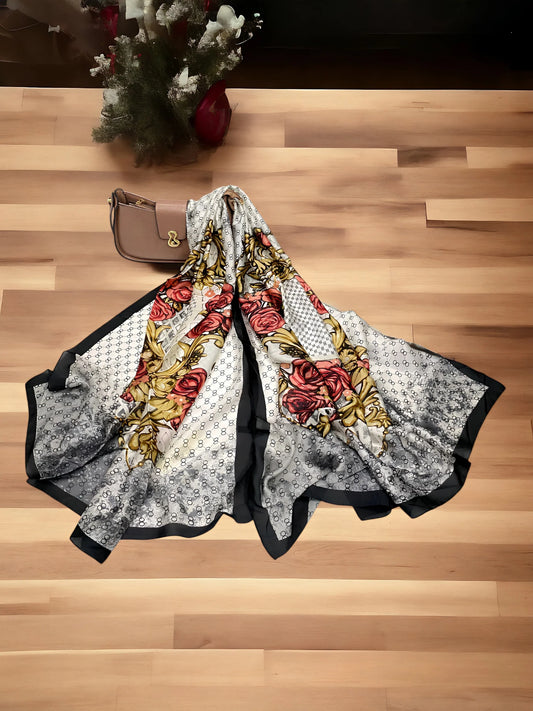 Luxury Printed Satin Silk Scarf – Black & White Floral