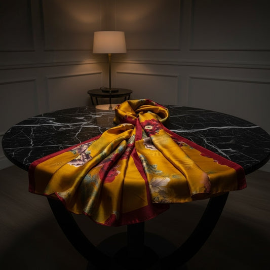 Luxury Satin Silk Scarf - Vintage Floral Yellow