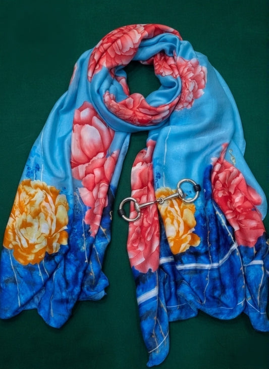 Luxury Satin Silk Scarf - Blue Blossom Elegance