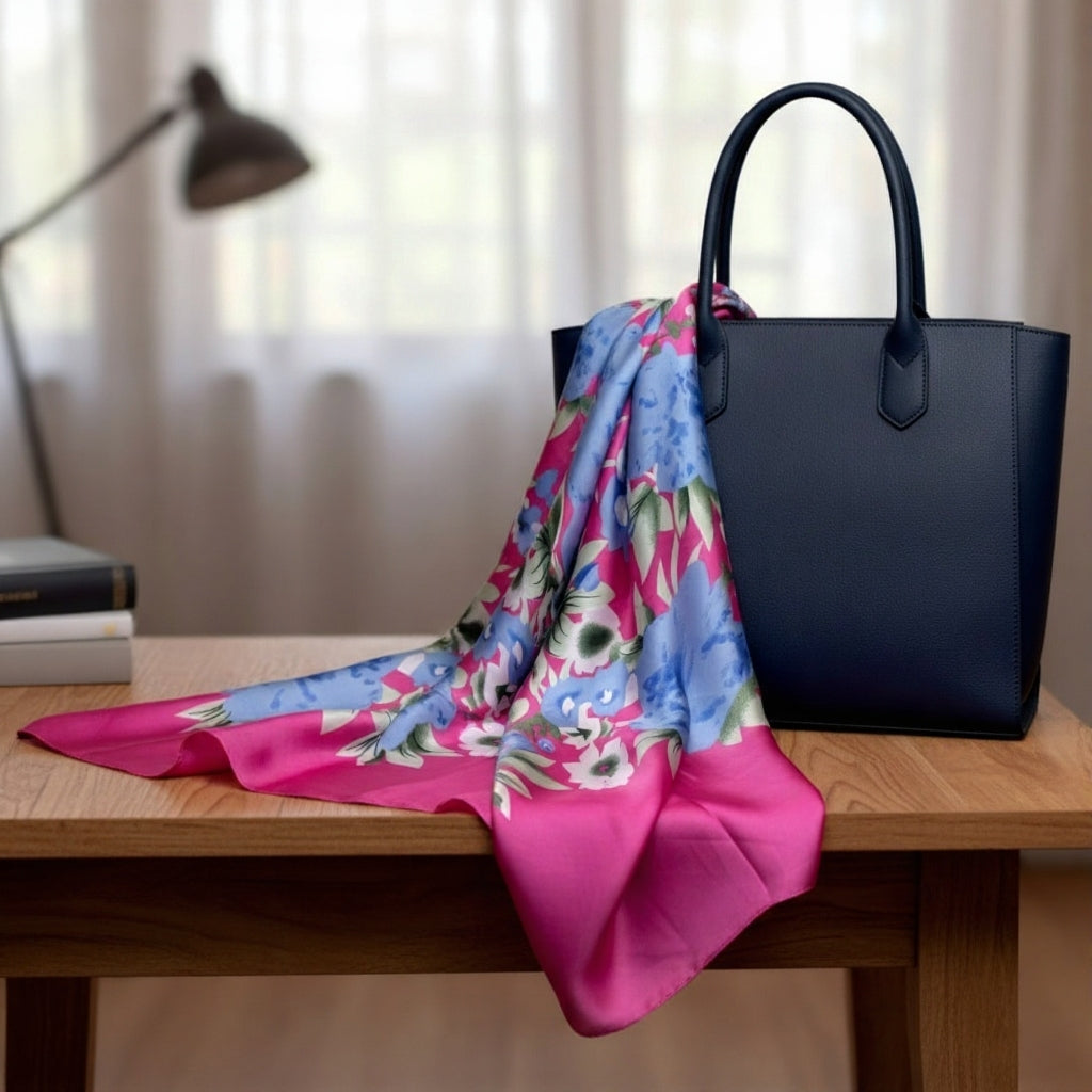 Luxury Satin Silk Scarf - Floral Pink
