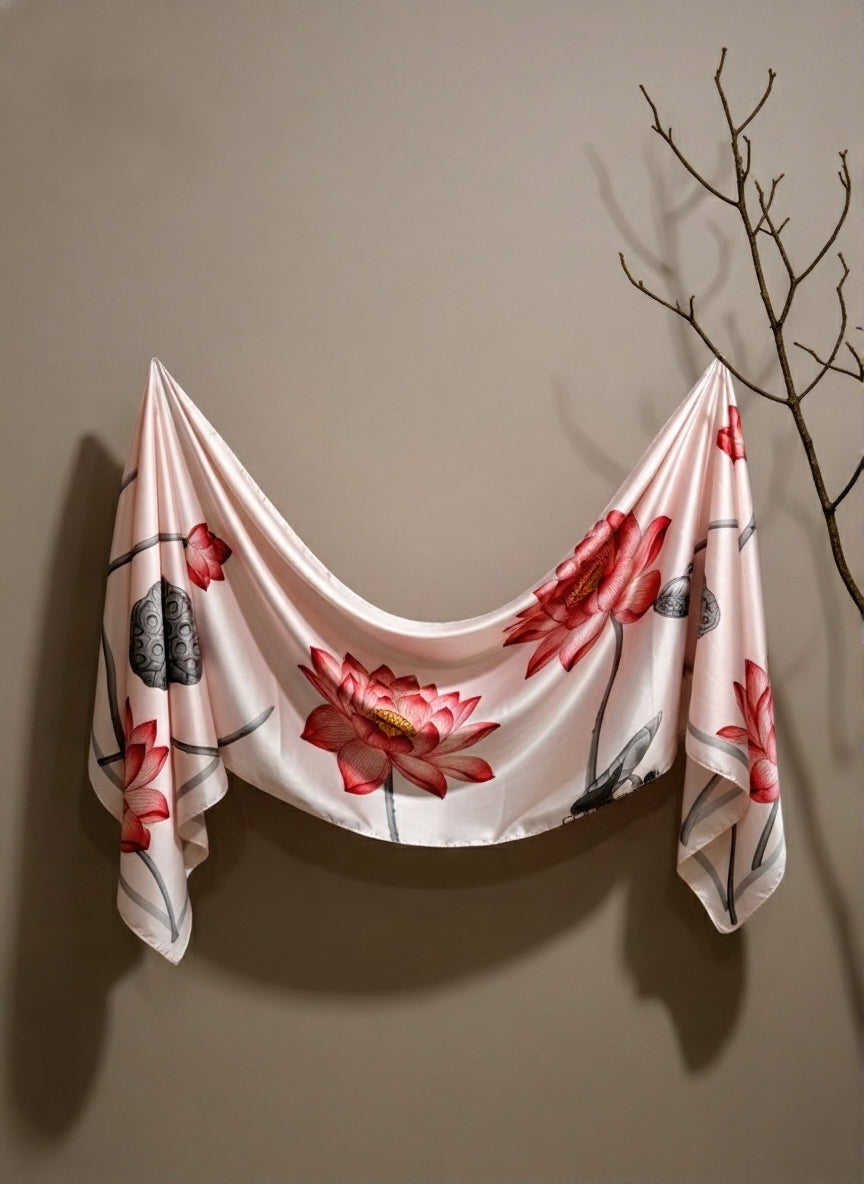 Luxury Satin Silk Scarf - Elegant Blush Floral