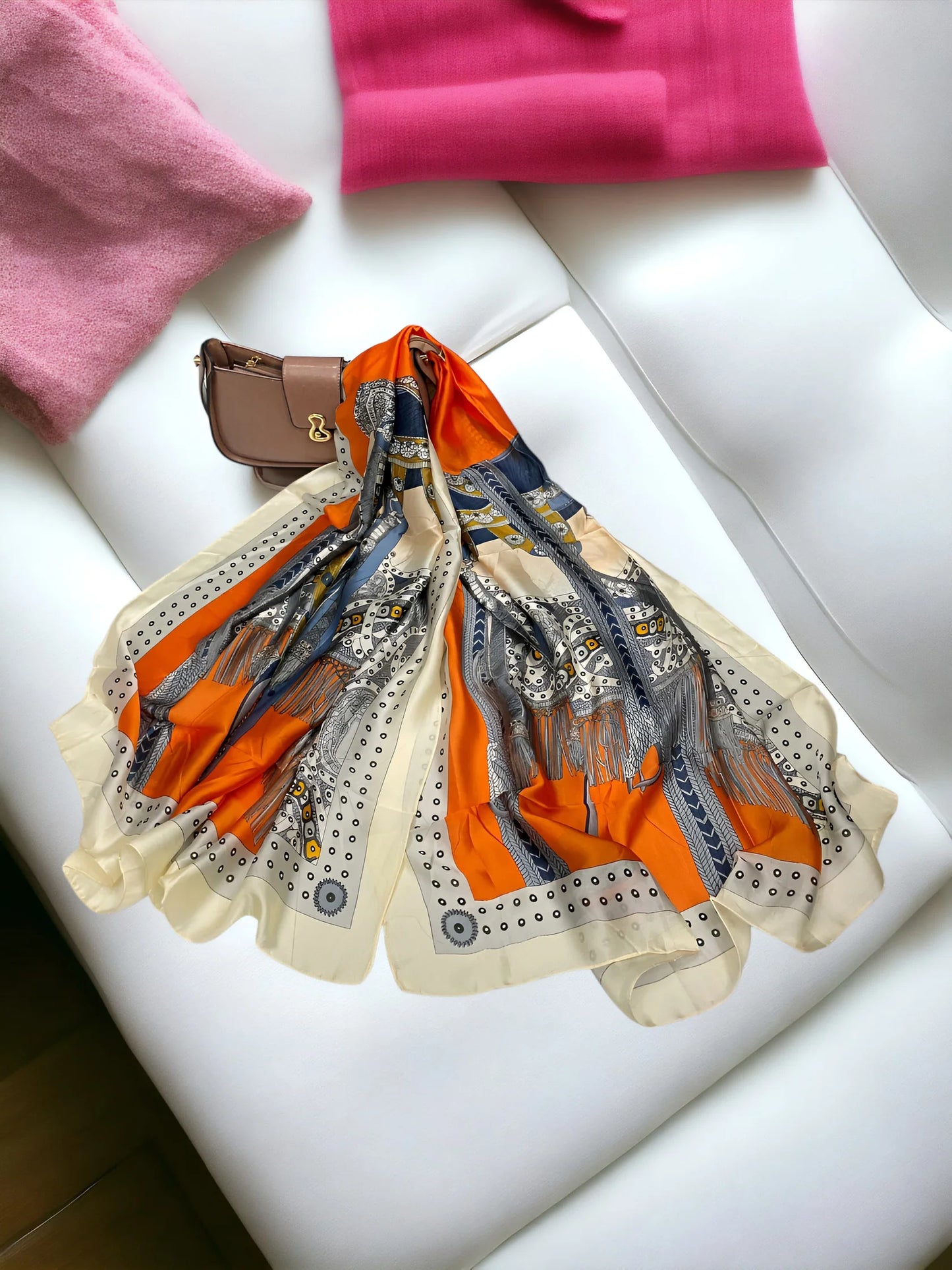 Luxury Satin Silk Scarf – Cream Tangerine Print