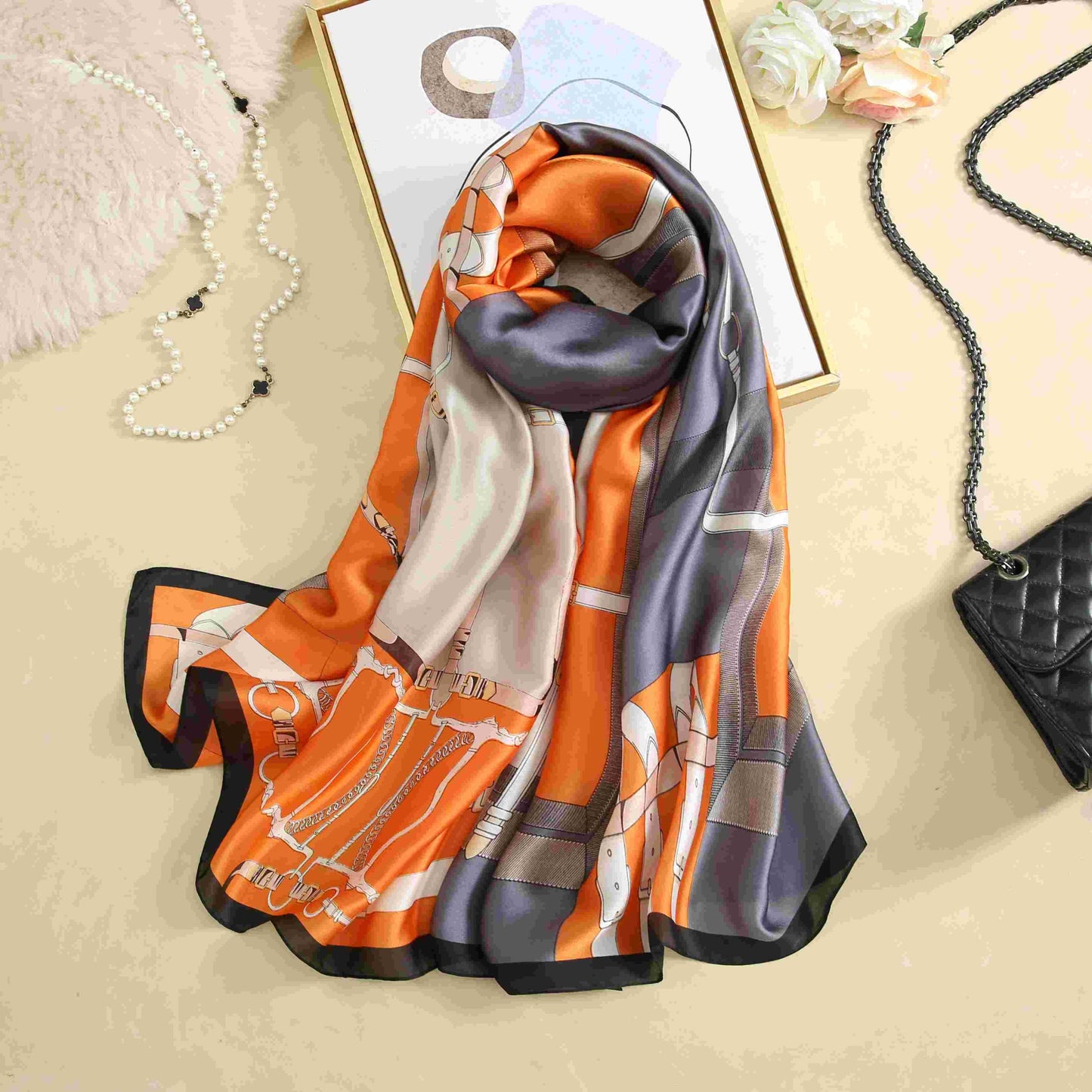 Luxury Printed Silk Scarf – Brick Orange