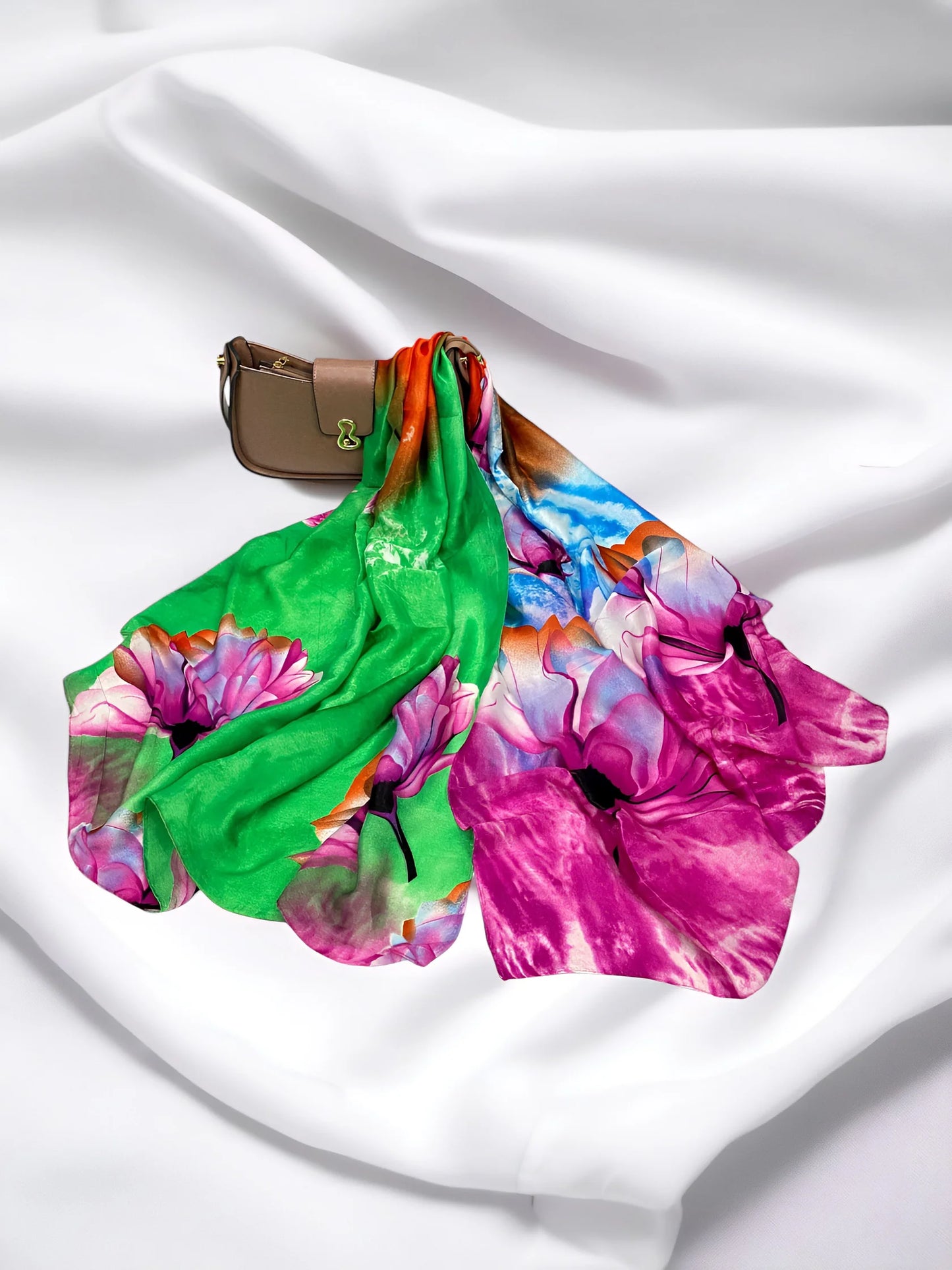 Luxury Satin Silk Scarf – Pink Green Bloom
