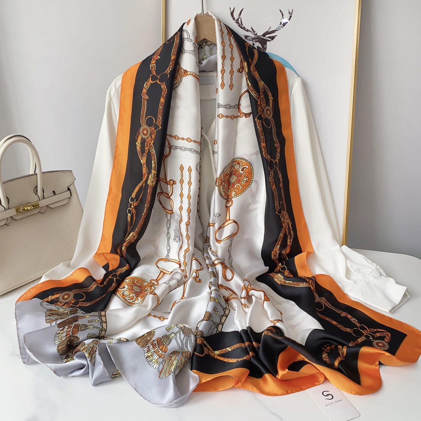 Luxury Printed Silk Scarf – Elegant White