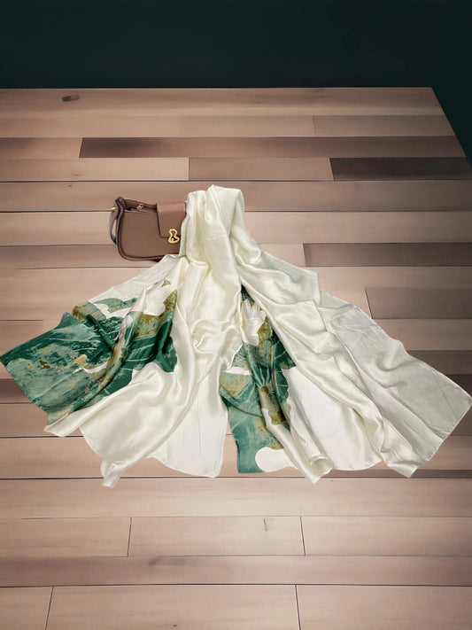 Luxury Satin Silk Scarf – Cream Forest
