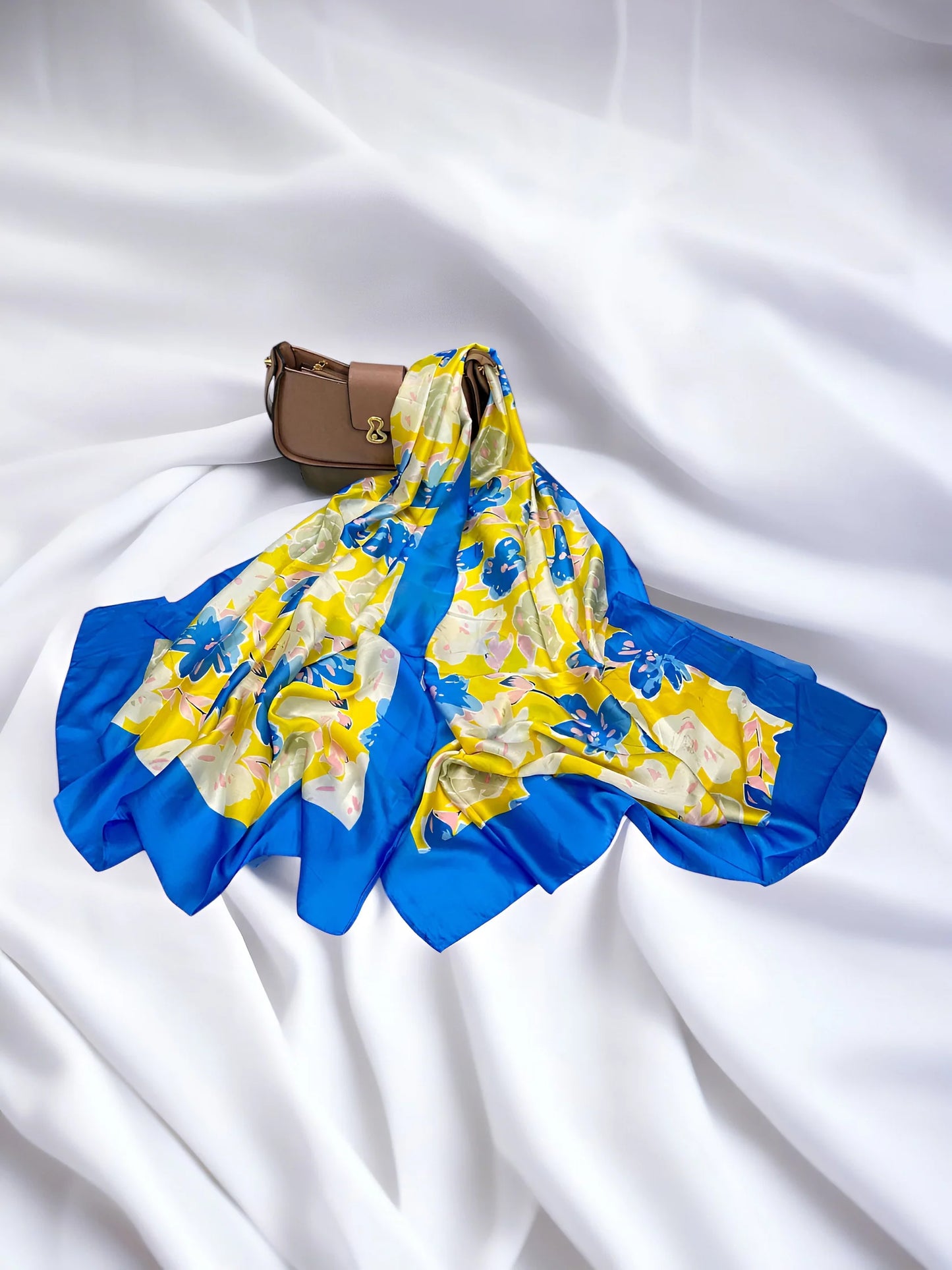 Luxury Printed Satin Silk Scarf – Blue Yellow Floral