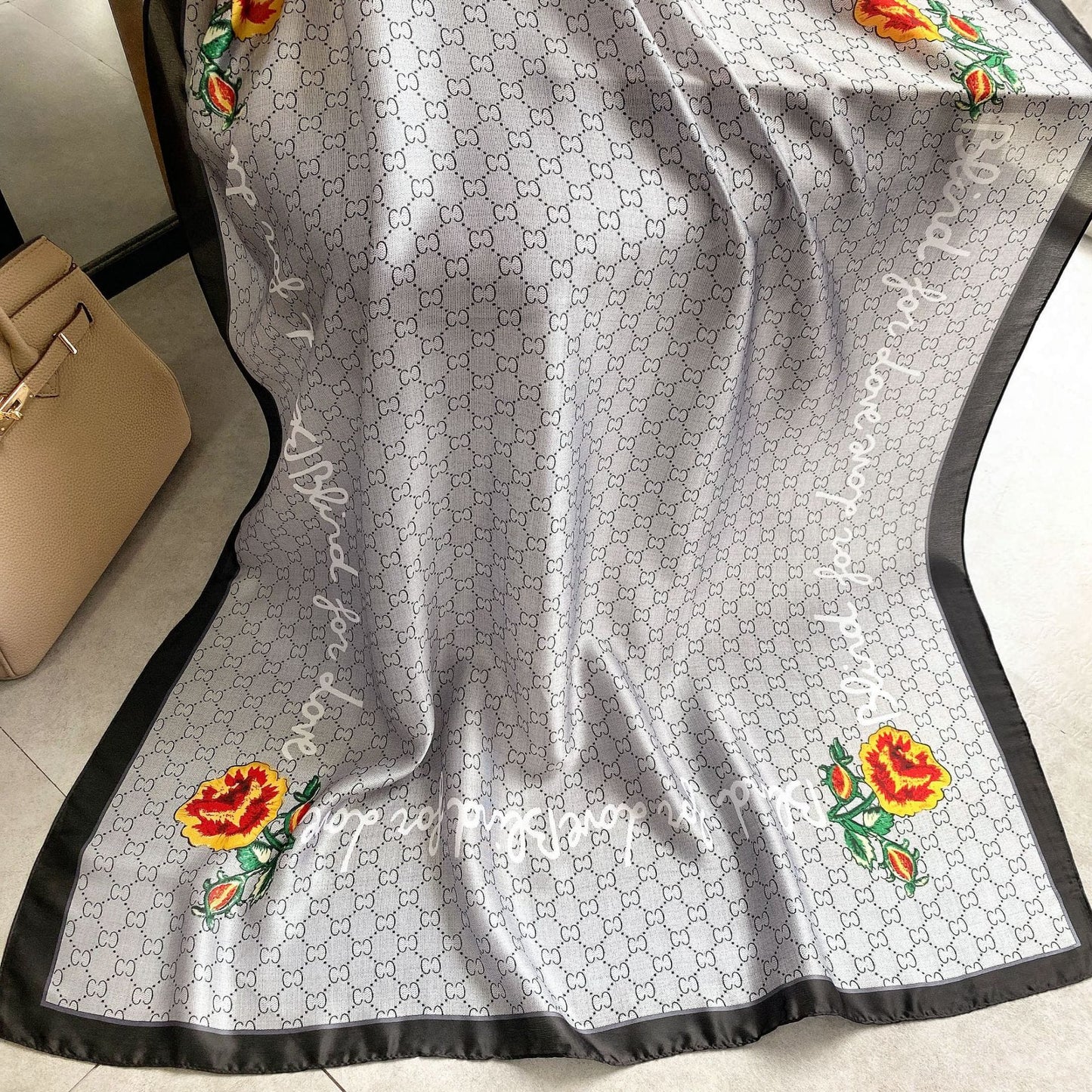 Luxury Printed Silk Scarf – Minimal Grey