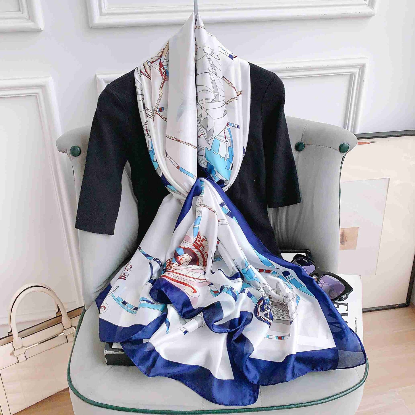 Luxury Printed Silk Scarf – Pale Aqua